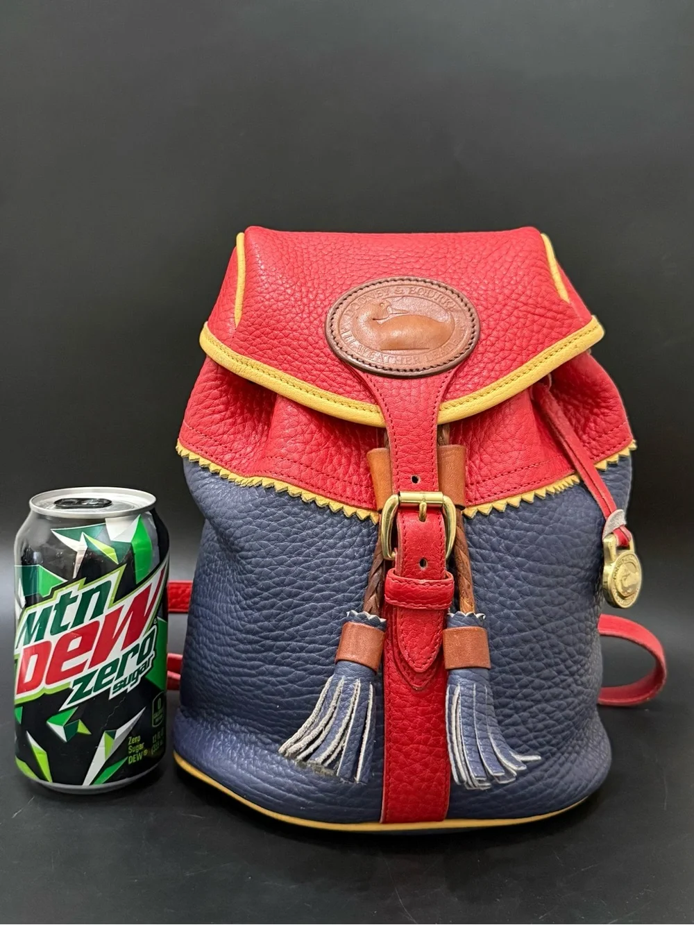 Rare Vintage DOONEY & BOURKE Teton AWL Lipstick Red Navy Yellow Leather Backpack